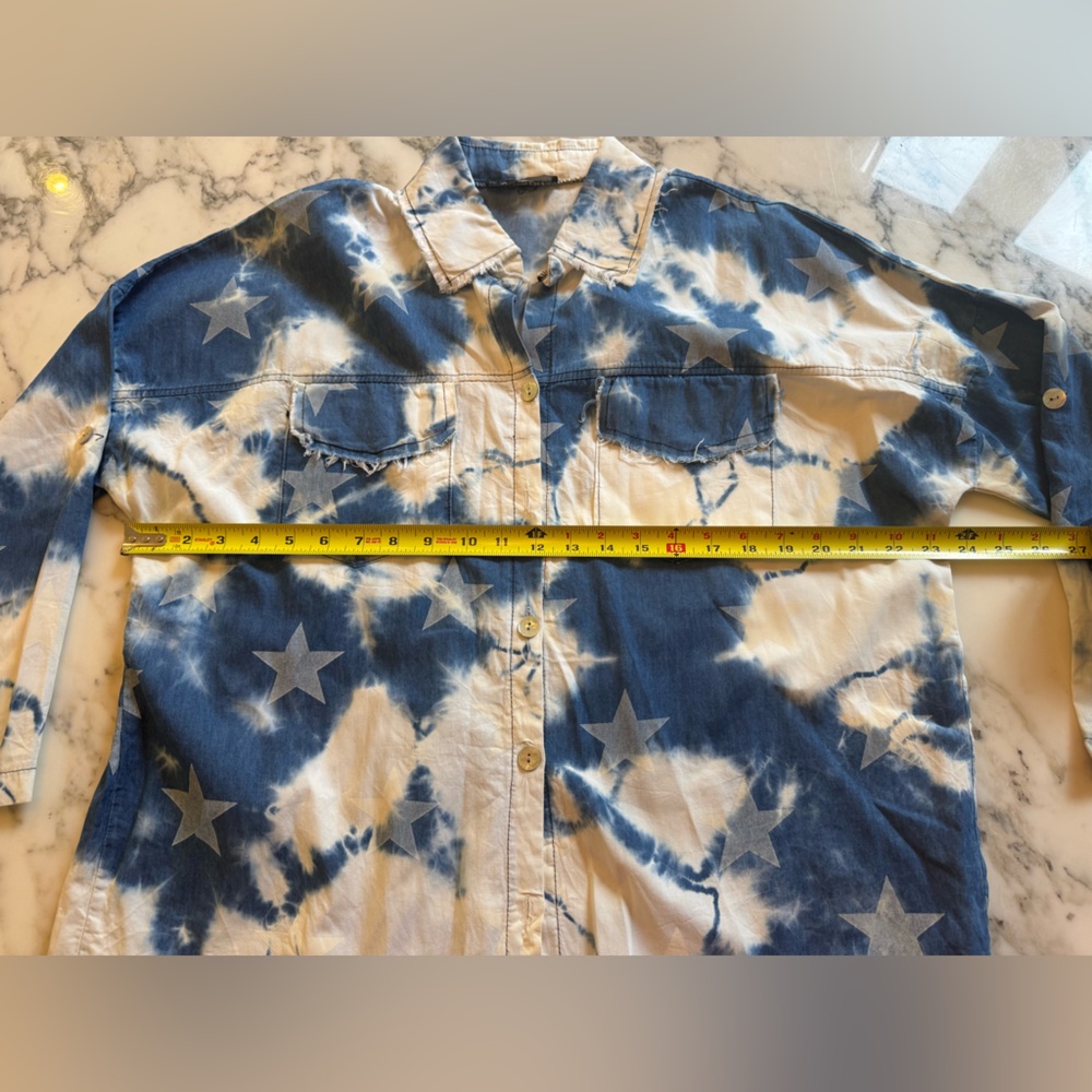 VTG Kabana Blue & White Tie-Dye Star Print Button Down Shirt Women’s – PTP 23.5” - Picture 7 of 9
